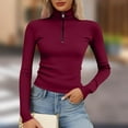thumbnail image 2 of Lenpel Long Sleeve Shirts for Women Plus Size Turtleneck Half Zip Ribbed Knit Slim Crop Tops Fall Winter Clothes(Wine,4X-Large), 2 of 5