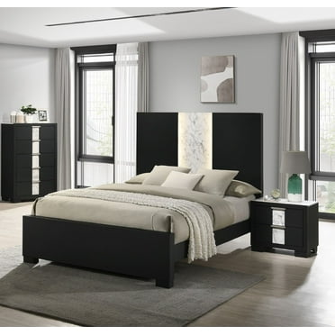 3Pc Beautiful Bedroom Suite Black/White Finish King Size Sleek Bed Chest Nightstand Furniture Set