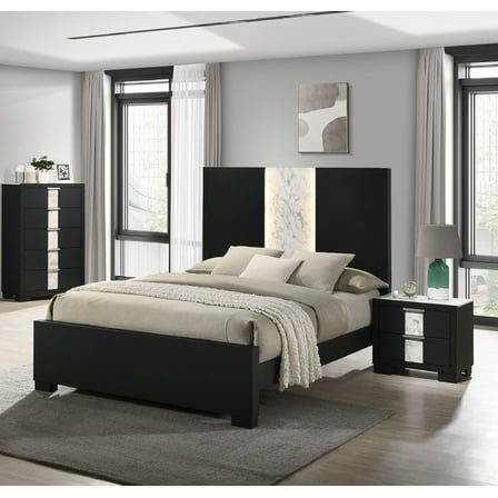 3Pc Beautiful Bedroom Suite Black/White Finish Queen Size Sleek Bed Chest Nightstand Furniture Set