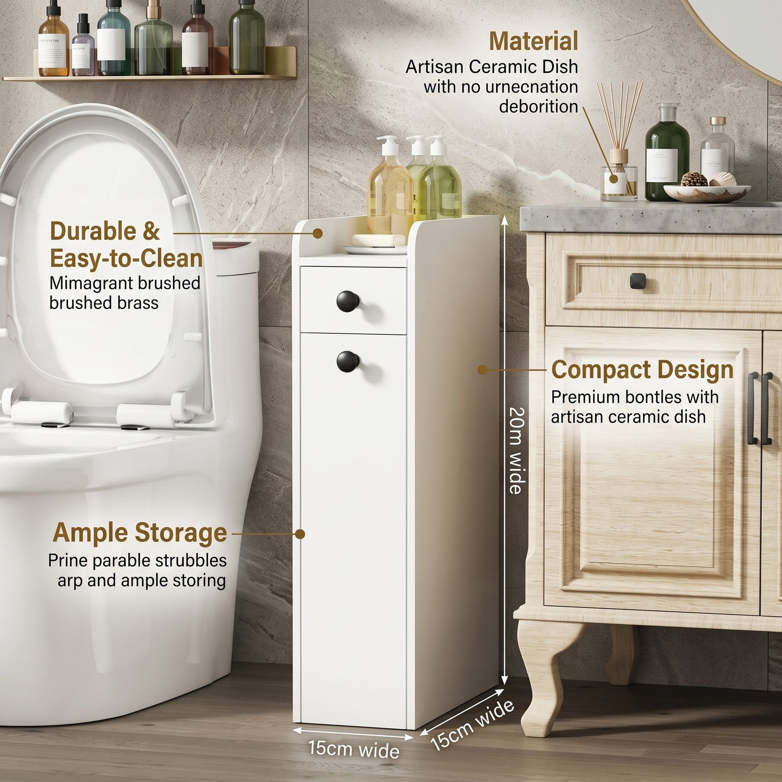Fenbeli Small Bathroom Storage Cabinet, 4-Tier Narrow Slim Organizer with 3 Slide Out Drawers on Casters, Freestanding Rolling Storage Tower for Bathroom, White