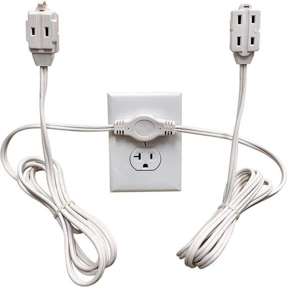 W4W Twin Extension Cord - 12 Foot Cord 6 feet on each side - 6 Polarized Outlets - Flat Head (Wall Hugger) Outlet Plug - 6 Polarized Outlets with Safety Cover