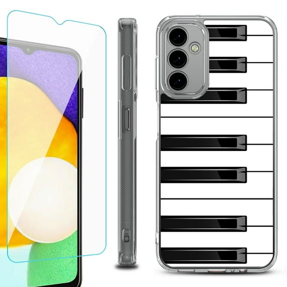 Shockproof Bumper Phone Case for Samsung Galaxy A14 5G, with Tempered Glass Screen Protector, by OneToughShield ® - Piano Design