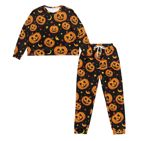 HELLHERO Halloween Pajama Set for Women Ghost Pumpkin Printed Sleepwear Casual 2 Piece Pjs Set Long Sleeve Tops Jogger Pants Pajama Sets, M