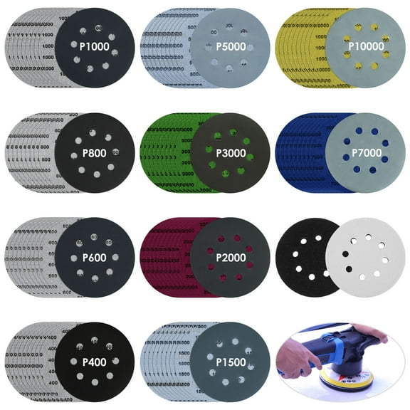 100Pcs 5 Inch Sanding Disc Hook and Loop Sandpaper 400/600/800/1000/1500/2000/3000/5000/7000/10000 Grit Orbital Wet Dry Sandpaper with 2Pcs Interface Pad for Automotive Wood Metal Polishing