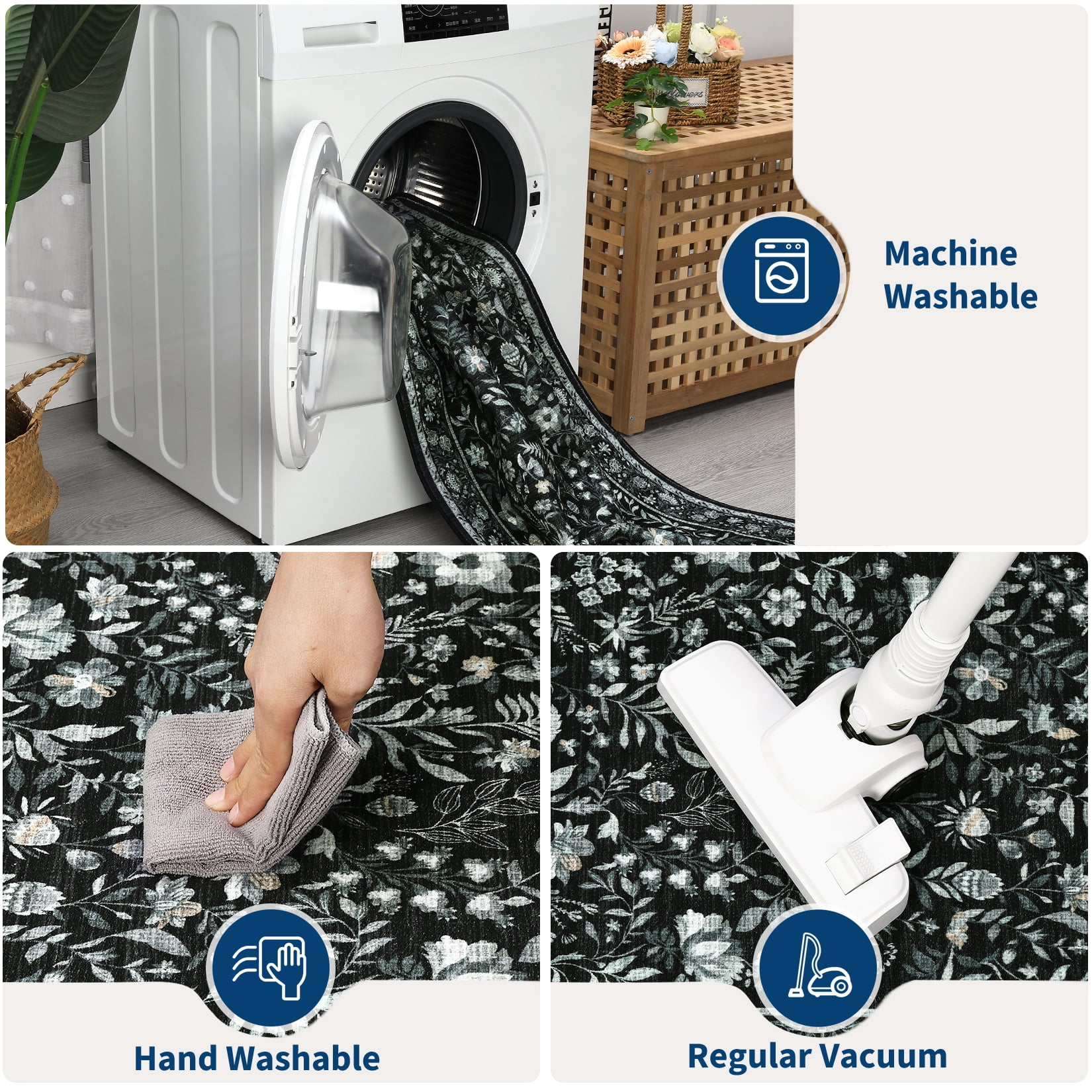 Garvee 2'x6' Vintage Floral Area Rugs Washable Botanical Printed Rugs Carpet, Low Pile Non Slip Oriental Rug Stain Resistant Indoor Rugs for Bedroom Hallway Kitchen, Black