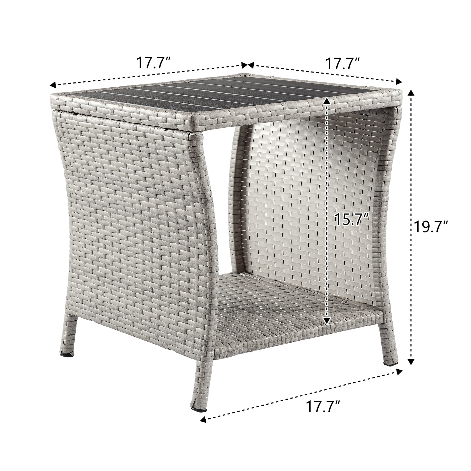 Outdoor Side Table for Patio Small Rattan Wicker Coffee Table Balcony Table Outside end Table with Poly Lumber Table top & Storage Bistro Table for Garden Pouch Deck Living Room Backyard Grey