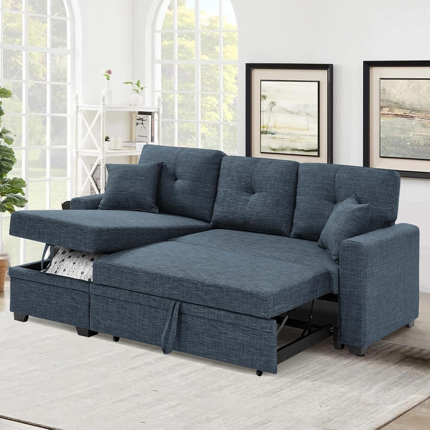 L-Shaped Pull-Out Sleeper Sofa Bed Convertible Modular Sectional Couch Upholstery Corner Sofa&Couch Sof Cama para Sala with Reversible Storage Chaise for Living Room Compact Space