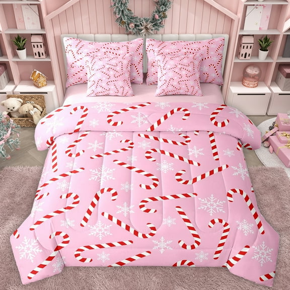 Homewish Christmas Candy Cane 7-Piece Twin Bedding Sets,Merry Xmas Bedding Comforter Set,Xmas Sweet Dessert Sheet Sets For Girl Kids,Breathable Home Decor Reversible
