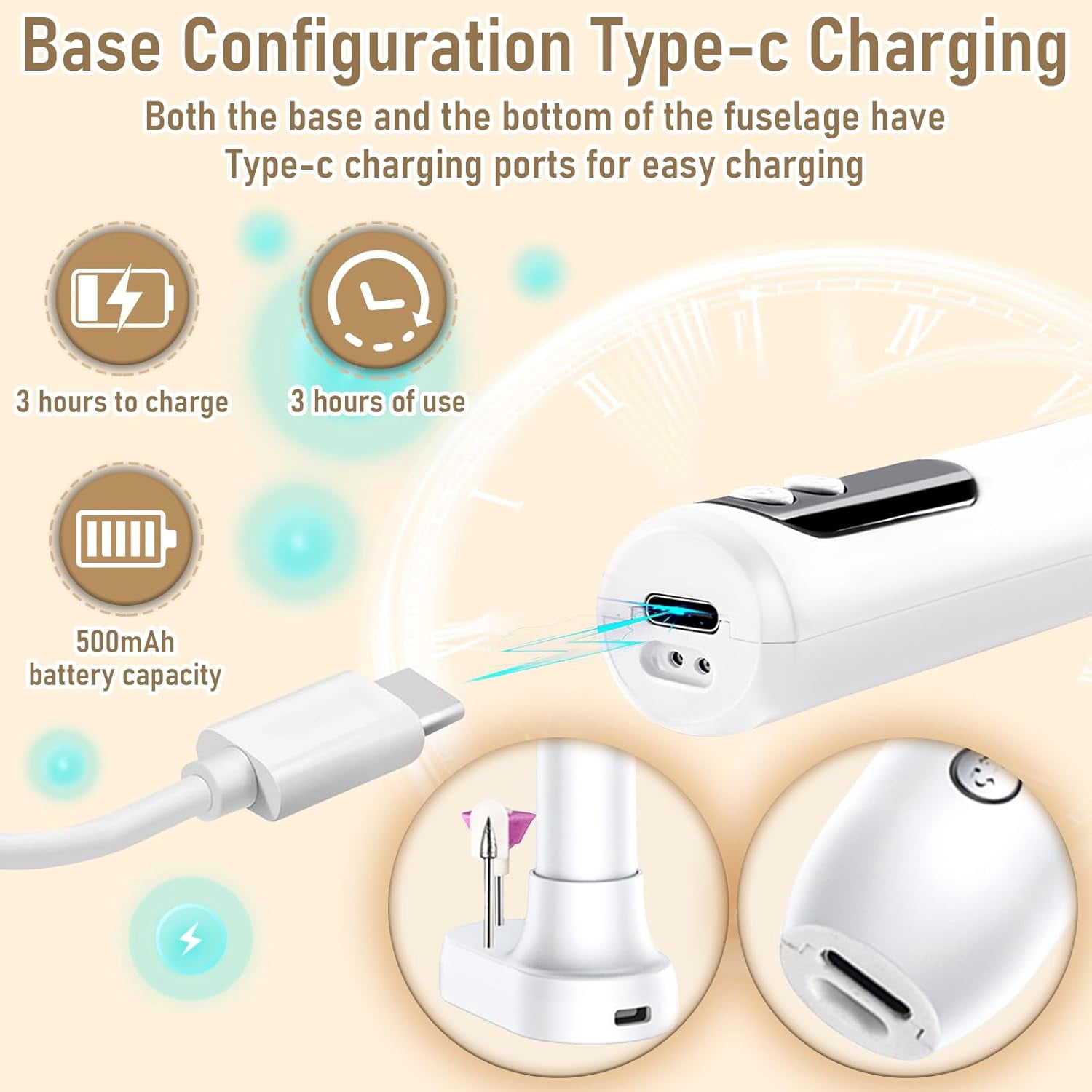 Aorsher Rechargeable Cordless Electric Nail Drill Kit, Professional Electric Nail File for Acrylic Gel Dip Powder Nails, 3 Speeds 15000RPM, Portable Manicure Pedicure Tool