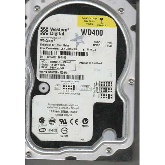 WD400LB-55DNA0, DCM DSBACTJCH, Western Digital 40GB IDE 3.5 Hard Drive