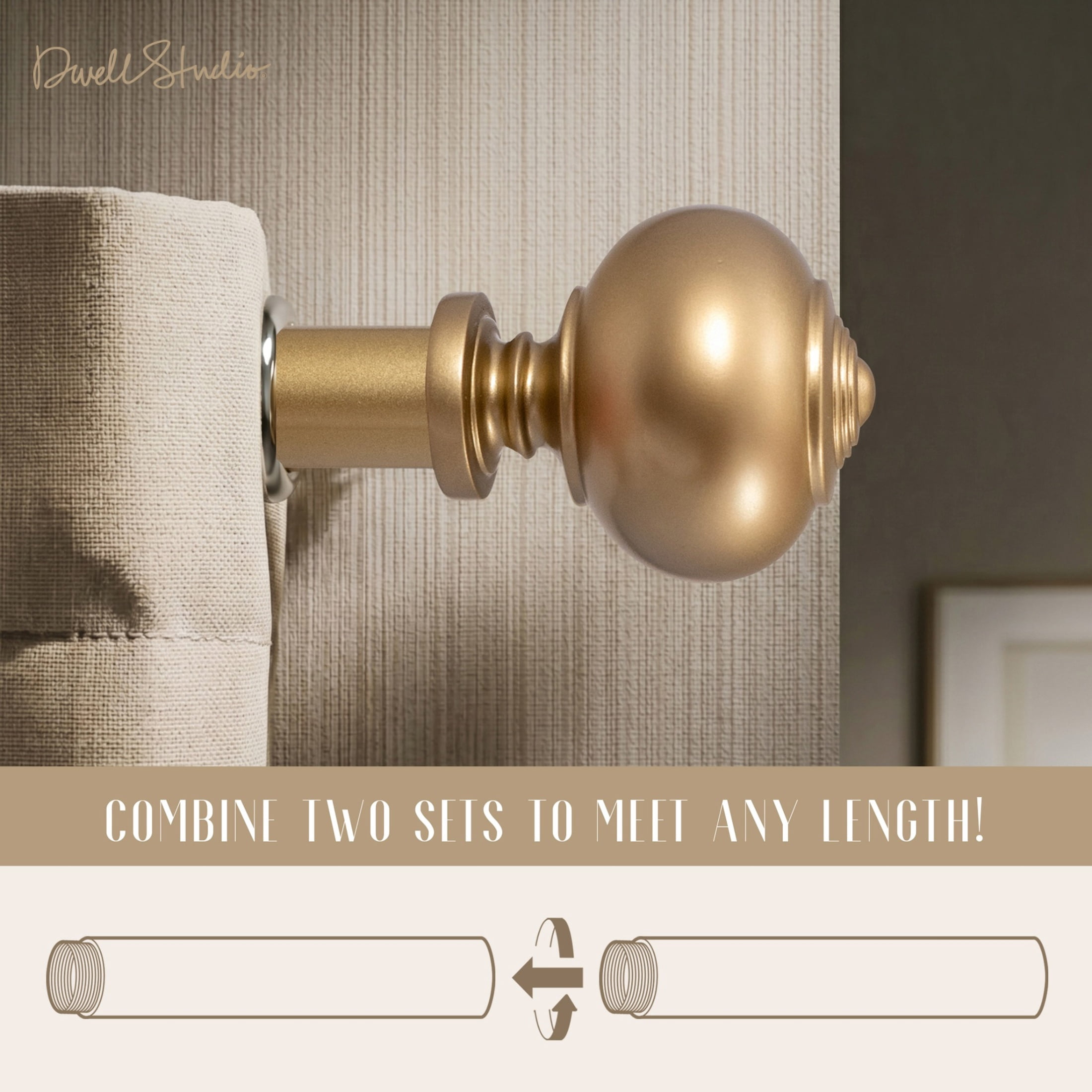 Dwell Studio, Cutomizable Curtain Rods, 3/4" Iron Material, 20 inch-120 inch Kit, Satin Brass