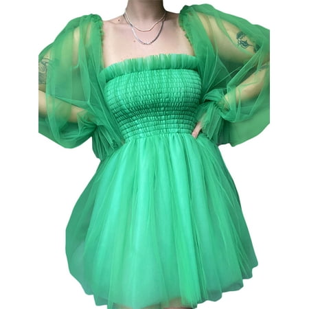 

Female Solid Color Square Neck Long See-Through Sleeve Dress One-Piece