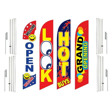4 Swooper Flags With 4 Pole Kits Welcome Open Look Hot Buys Grand Opening