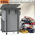thumbnail image 4 of 150L (40 Gal) Large Fashion Laundry Basket with Wheels, Leather Patchwork Rolling Hamper Carts, Sturdy Metal Frame, Removable Washable Bag, Tall Clothes Sorter for Bedroom, Laundry Room - Beige, 4 of 8