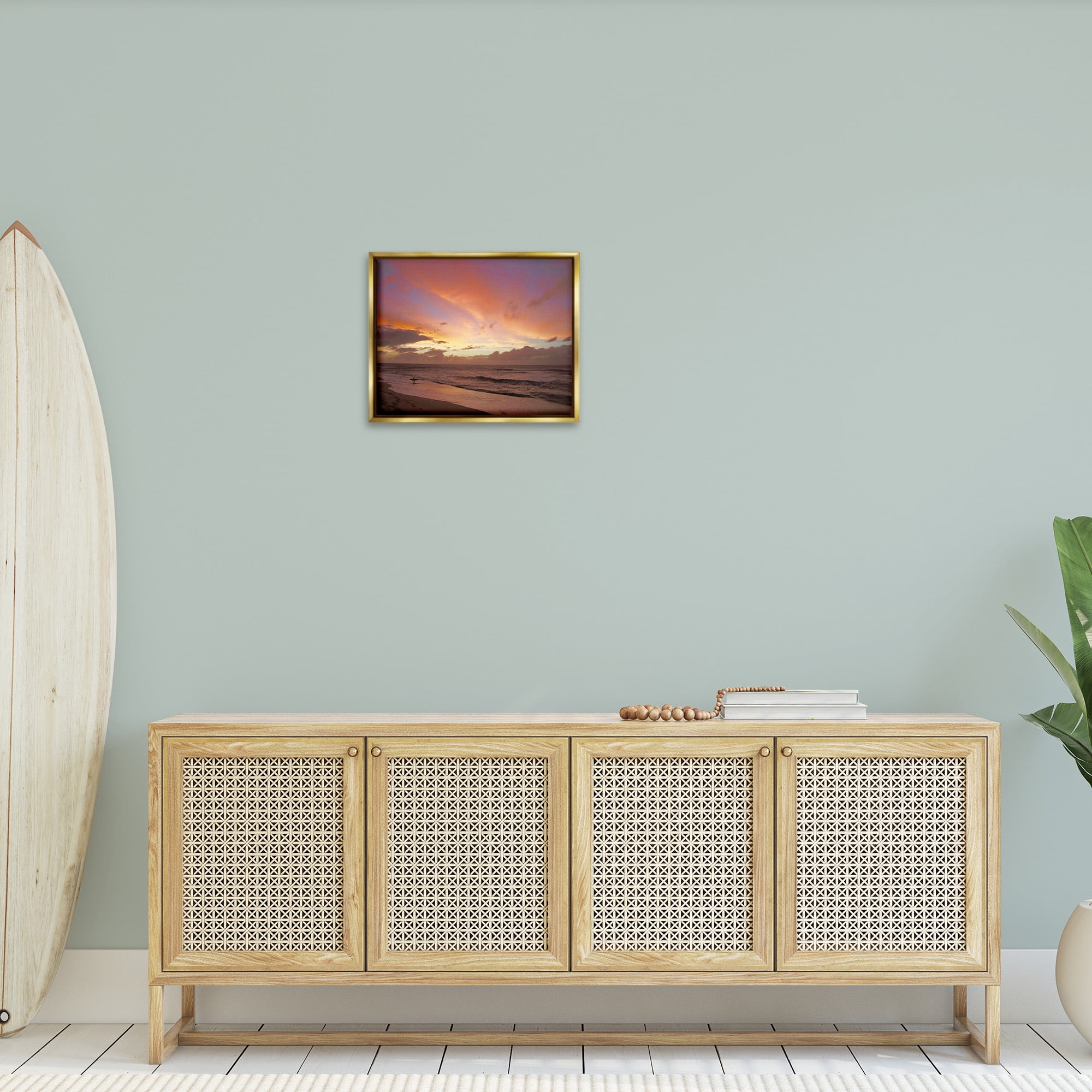 Stupell Industries Surfing Beach Waves at Sunset Nature Photography Gold Floater Framed Canvas Art Print Wall Art, 21 x 17