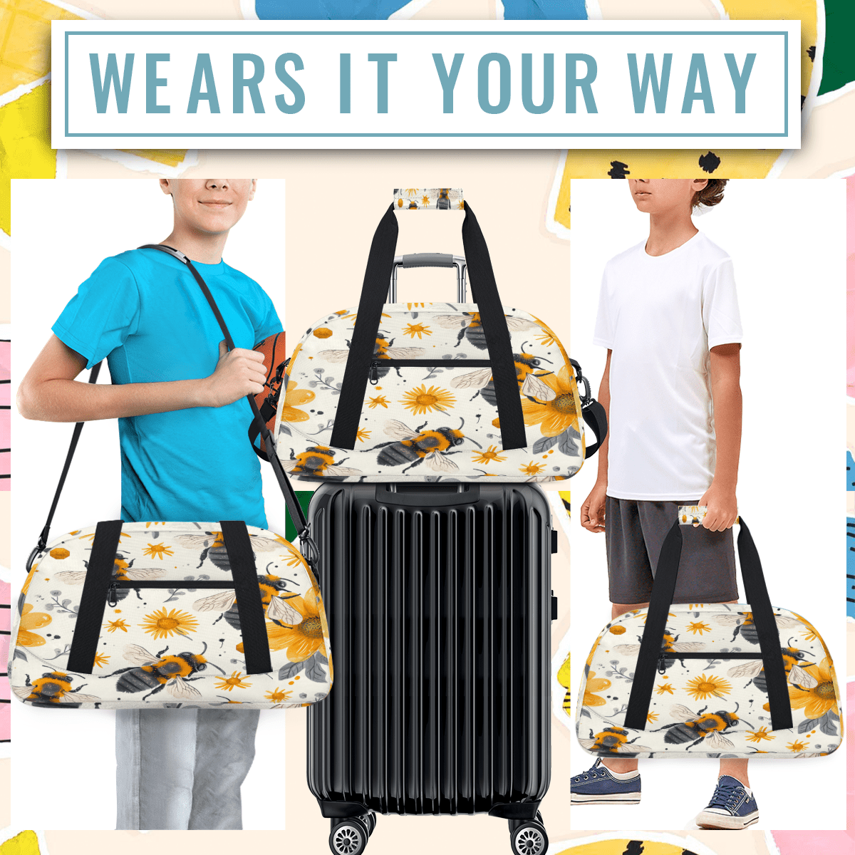 Herdesigns Bee Sports Duffle Bag for Women & Men, Honeybee Flowers Floral Gym Bag Dance Bag Overnight Bag Carry On Weekender Travel Bag