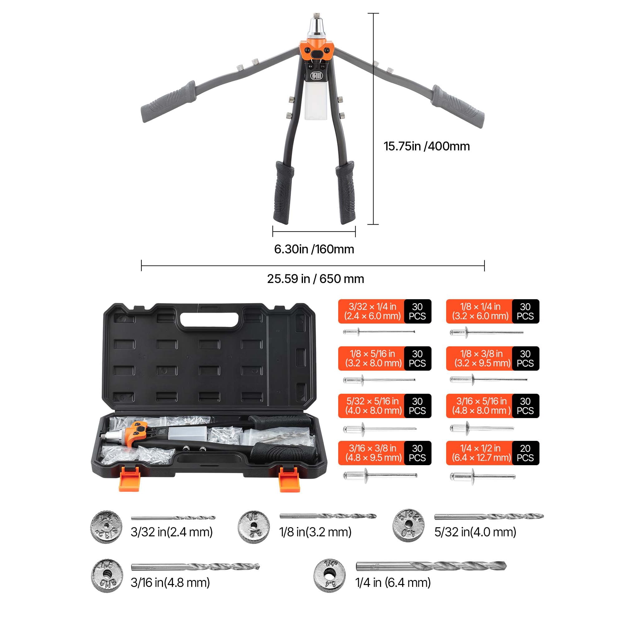 KFFKFF Manual Rivet Gun Kit with 230 Rivets, Two-Handed Tool Featuring 5 Replaceable Nosepieces, 5 Drill Bits, and a Storage Case, Ideal for Metalwork, Automotive Repairs, Home Projects, and DIY Task