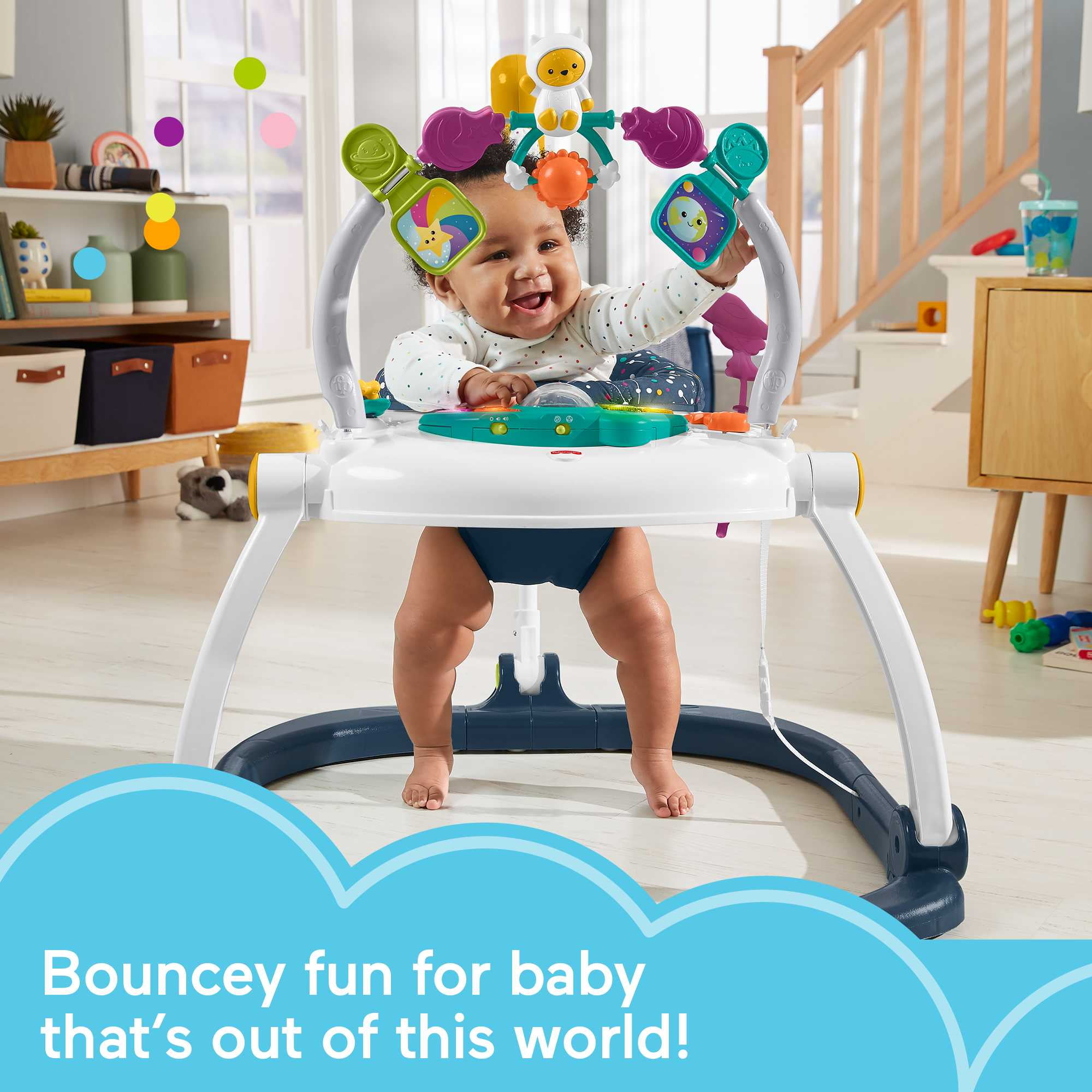 Fisher-Price Baby Bouncer Activity Center Jumperoo SpaceSaver with Lights & Sounds, Astro Kitty