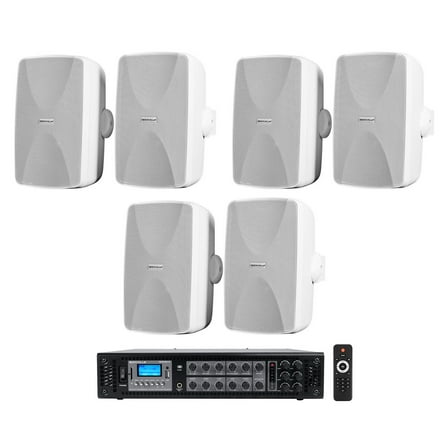 (6) White 5.25" Commercial 70v Wall Speakers Amp 4 Restaurant/Office/Cafe/Bar
