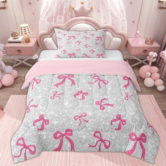 Erosebridal Kids Bow Butterfly Knot Twin Comforter Sets, Bling Print Bedding Set, Grey Pink, 2 Pieces