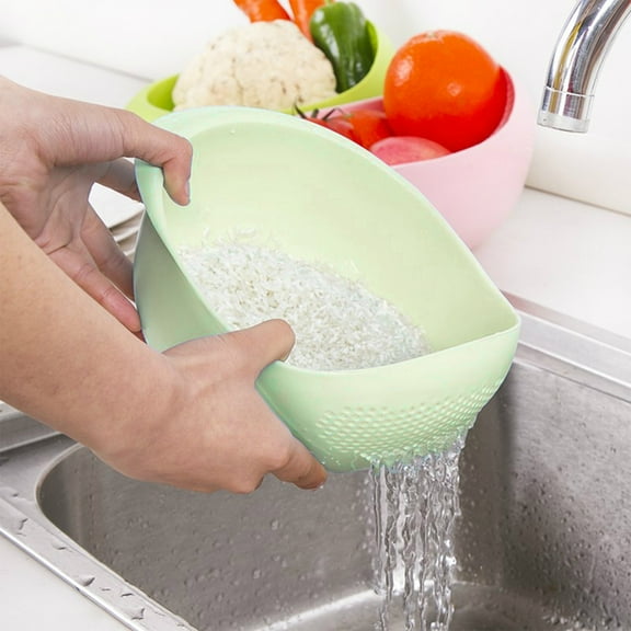 COM1950s 2-In-1 Rice Colander- Rice Washer Strainer Colanders,Vegetable and Fruit Cleaning Filter Basket,1Piece Sturdy and Easy-To-Use Food Grade Kitchen Tool Accessories (Green,8.6X7X4.7In)