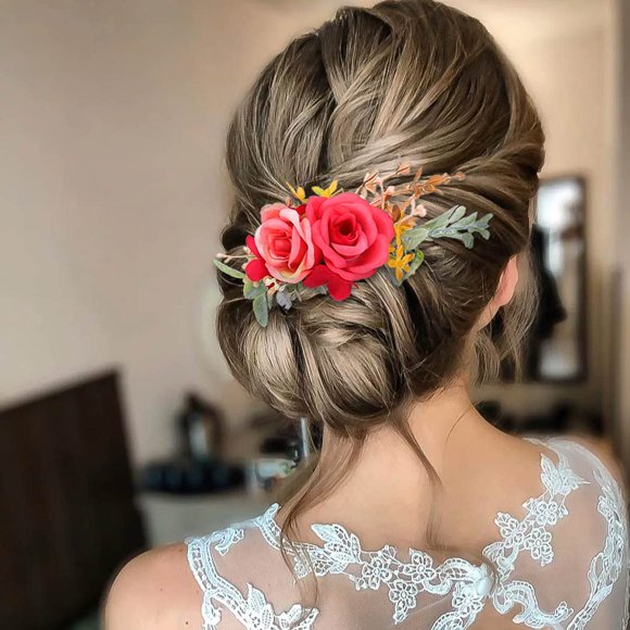 Campsis Peines laterales de flores para boda, peinetas para el pelo con rosas rojas, pieza para el pelo de novia, , fiesta de graduación, fotografía de playa para mujeres y niñas