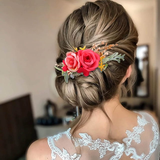 Campsis Peines laterales de flores para boda, peinetas para el pelo con rosas rojas, pieza para el pelo de novia, , fiesta de graduación, fotografía de playa para mujeres y niñas
