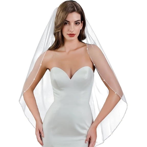 Wedding Veil Pearls Beaded Edge 1 Tier Soft Tulle Bridal Veil with Comb Four sizes