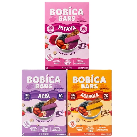 Bobica Bars Superfood Variety Pack, Bars, Allergen Free, Aa, Pitaya and Acerola Glaze, 7g Protein, 1g Added Sugar, Prebiotic Fiber, 170 Calories, 3 Flavors