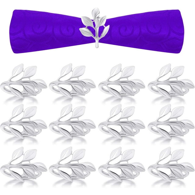 Juego de 12 servilleteros, servilleteros de hojas, servilleteros de novia, servilleteros brillantes, adorno para Navidad vintage, vacaciones, decoración de cena (serie plateada) BANYUO Electrónica