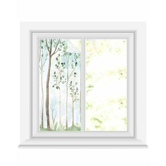 Window Privacy Film Green Forest Stained Glass Window Film Decorative Sun Block Window Cover Watercolor Tree Branches Window Clings Static Adhesive Sticker for Bathroom 19.6"x39.3"