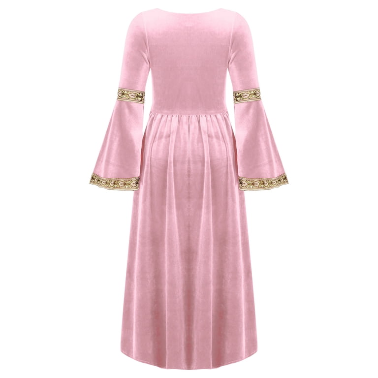 princess dress size 16 Renvena Kids Girls Long Sleeve Medieval Princess Dress Halloween Cosplay Renaissance Maxi Dress Size 6-16 Pink 16, Girl's
