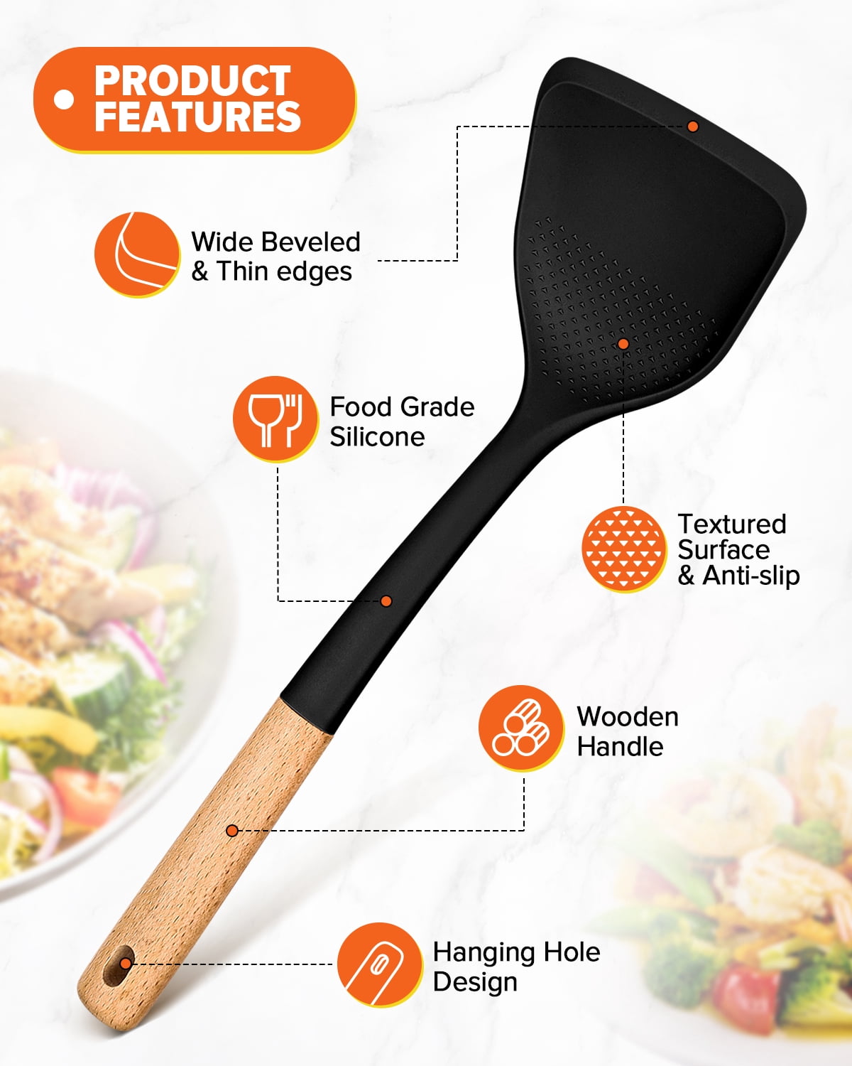 Badiano 4 Pack Wood Handle Silicone Kitchen Cooking Utensils Set for Nonstick Cookware Surface,Black
