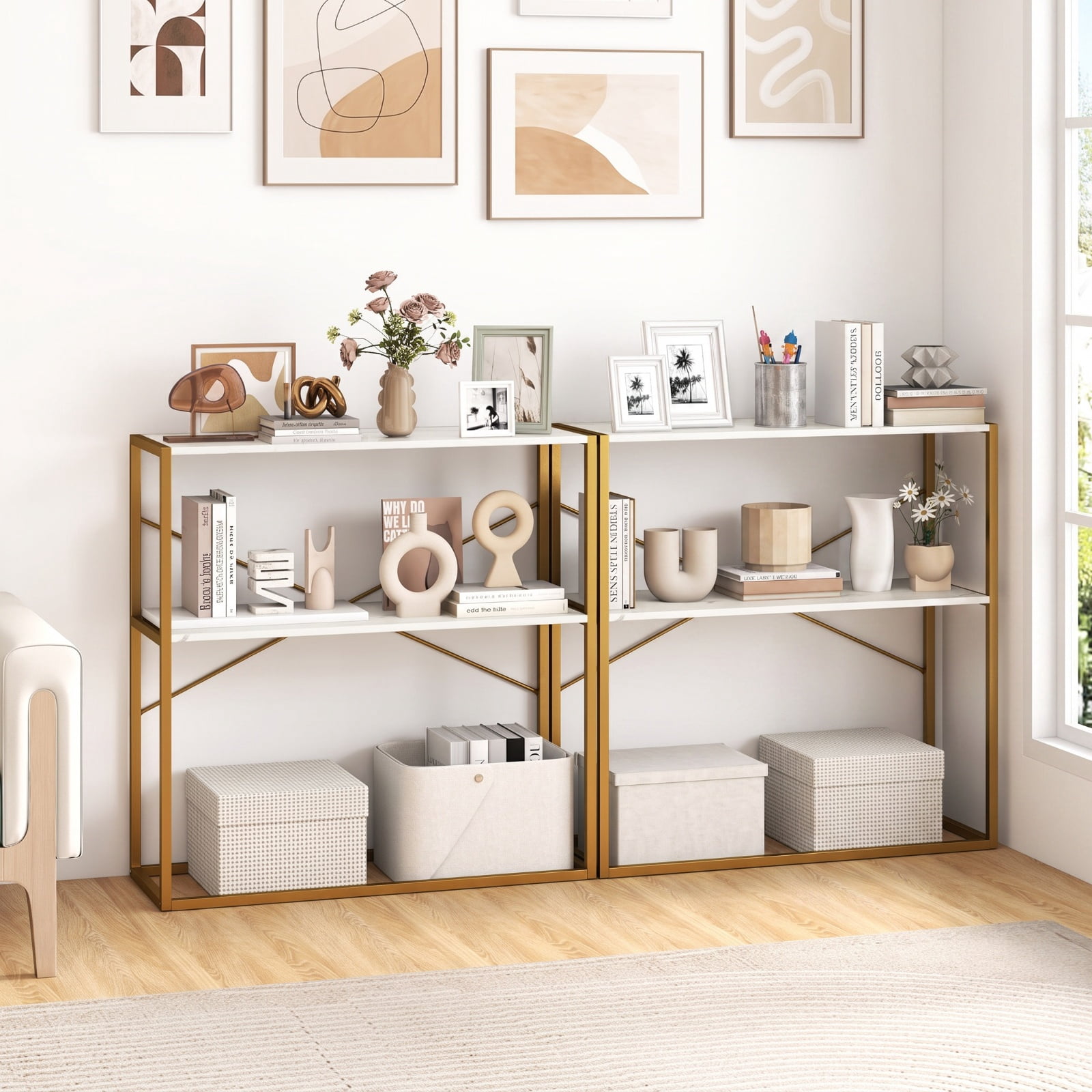 Furnibear 36 Inch 2-Tier Entryway Table with Wooden Open Shelves and X-Shaped Metal Frame for Narrow Hallway Living Room and Behind Sofa, White