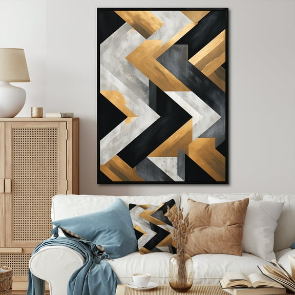 Designart "Geometric Tiles in Black and Gold II" Abstract Framed Wall Art - Modern Gold Abstract Geometric Entryway Framed Wall Art Print
