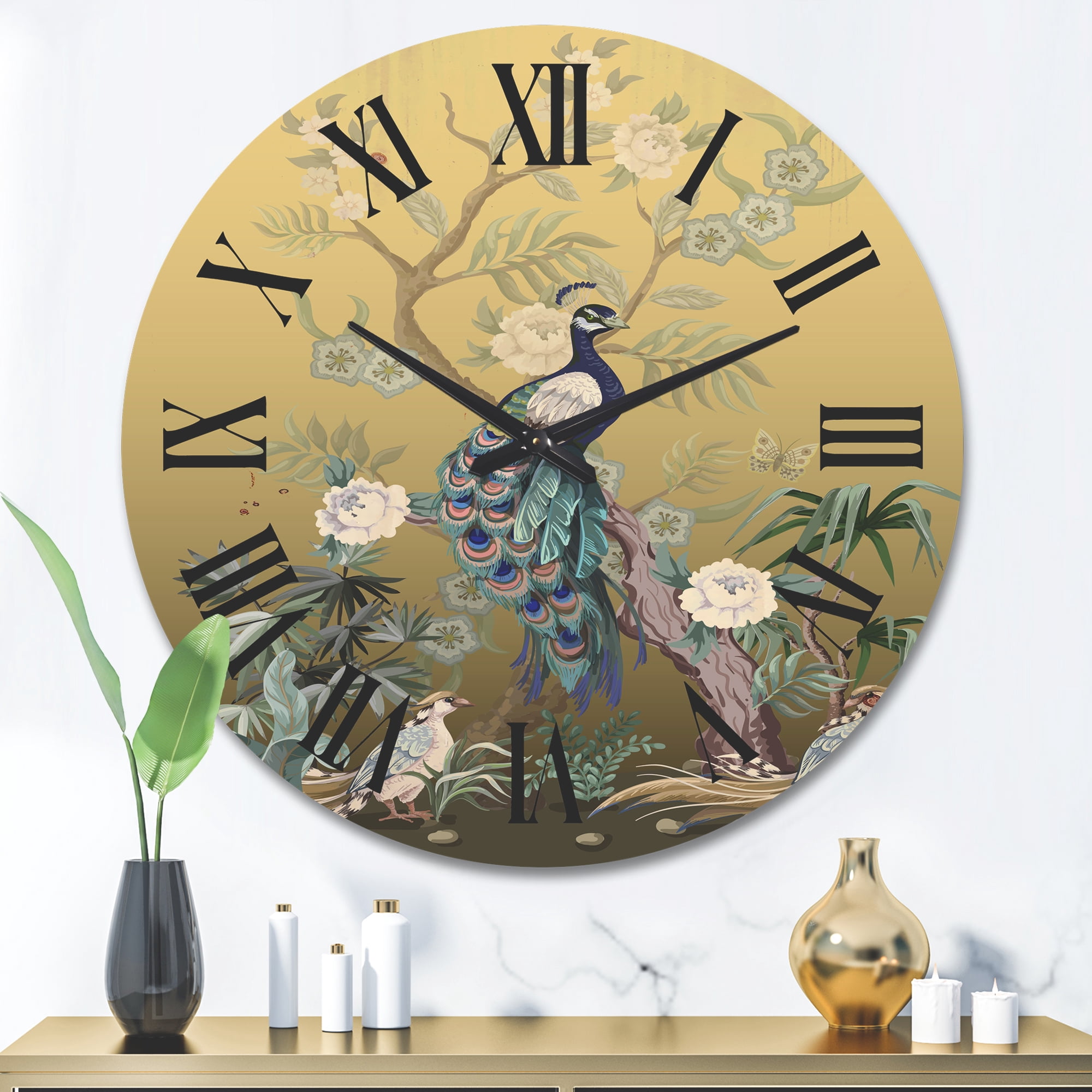Designart 'Chinoiserie With Peonies and Birds VI' Traditional Wood Wall Clock