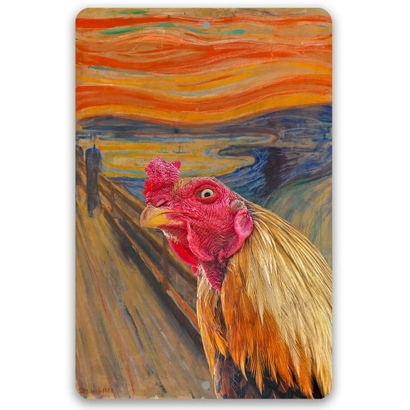 Metal Sign - The Scream Painting - Interrupted by Rooster - Durable Metal Sign - Use Indoor/Outdoor - Funny and Artsy Chicken Farm and Coop Decor and Gift (8" x 12")