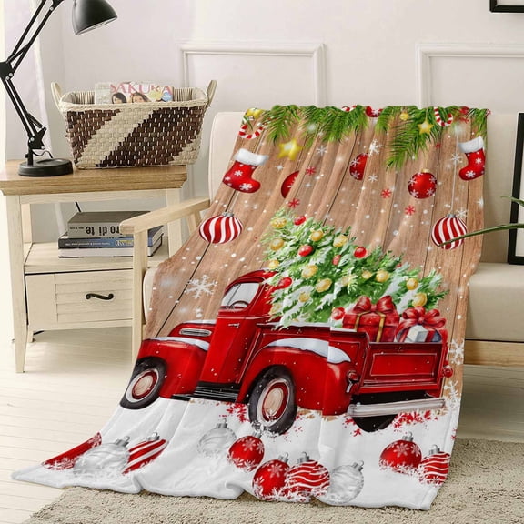 Christmas Tree Red Truck Throw Flannel Blanket 50x80In Snowflake Xmas Ball Winter Farm Super Soft Cozy Bed Blanket, Lightweight Plush Fuzzy Bed Throw for Bedroom Sofa Couch Living Room