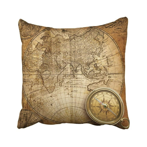 RYLABLUE World Old Compass And Rope On Vintage Map 1746 Travel Ancient Object History Discovery Pillowcase 18x18 inch