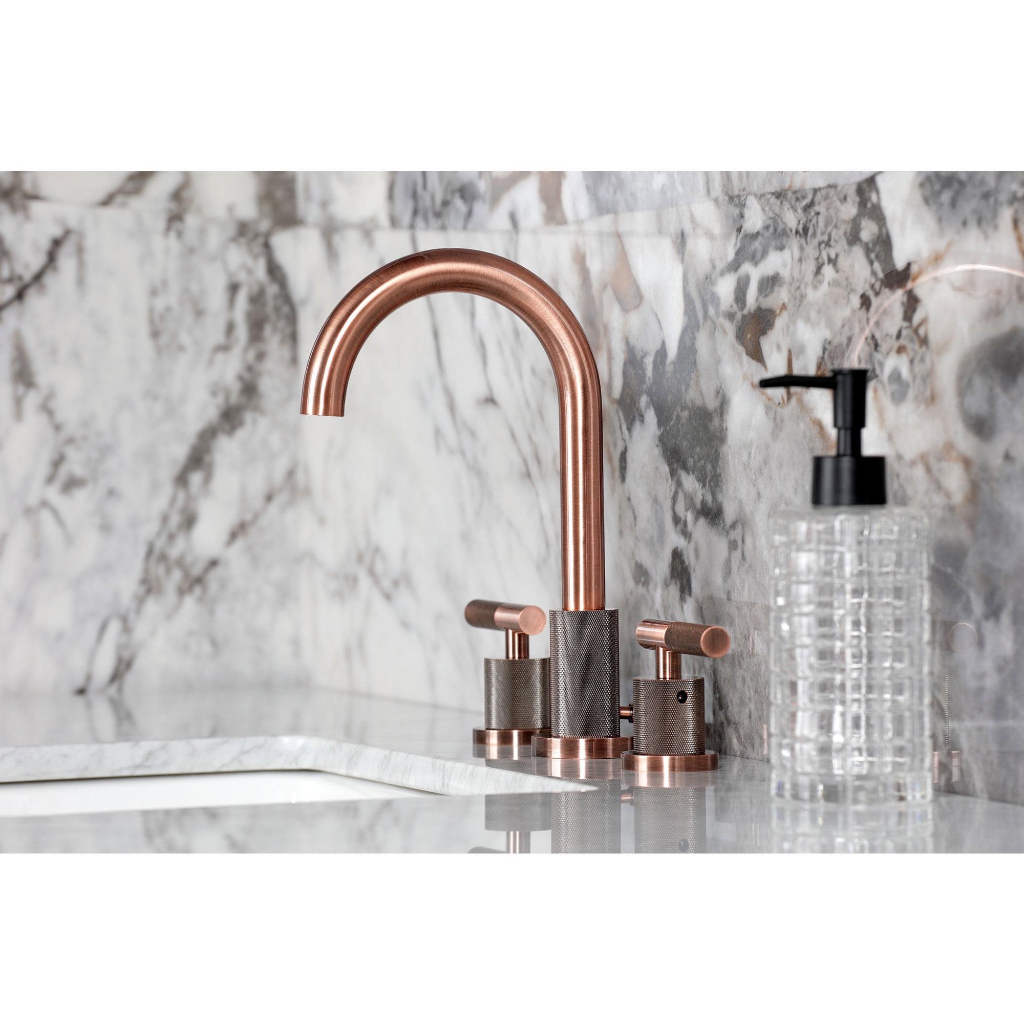 Kingston Brass FSC892KNLAC Convergent Two-Handle 3-Hole Deck Mount Widespread Bathroom Faucet with Knurled Handle and Brass Pop-Up in Antique Copper