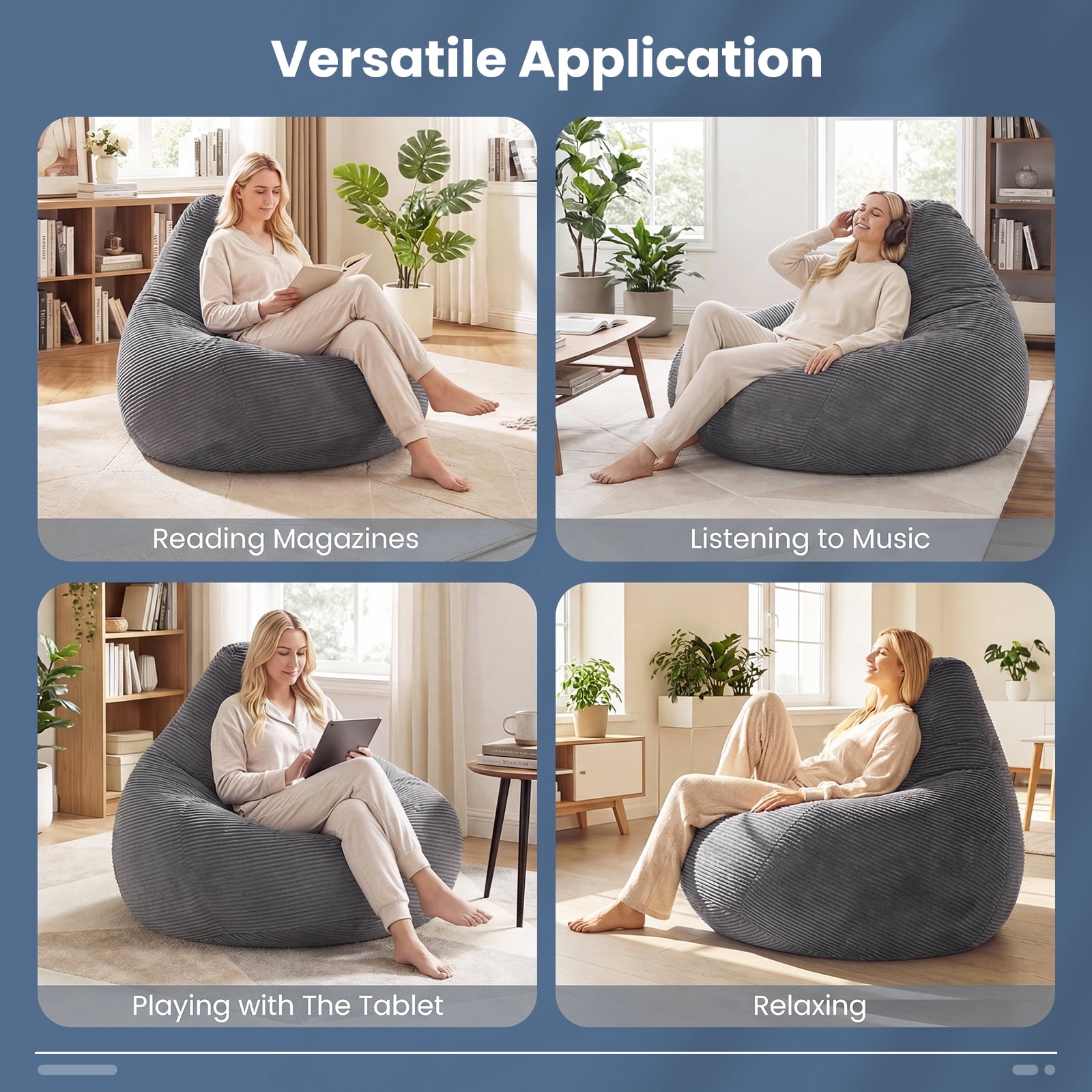 Costway Bean Bag Chair for Adults with Skin-friendly Corduroy Cover & Soft Sponge Filling Dark Gray