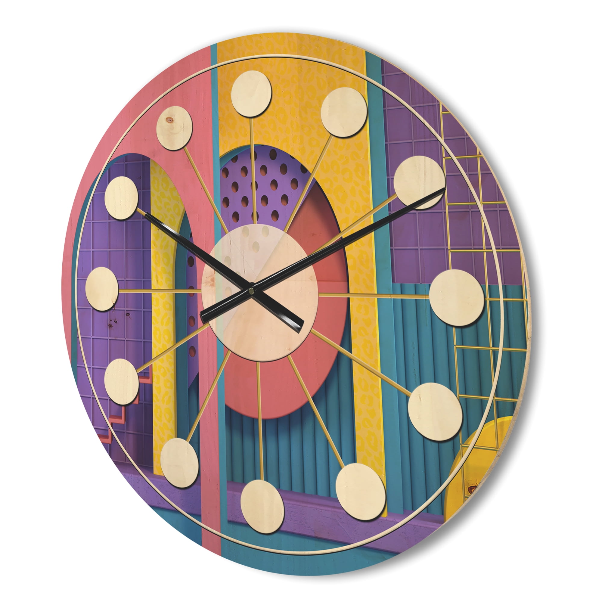 Designart 'Abstract Retro Geometric Architecture Pattern' Mid-Century Modern Wood Wall Clock