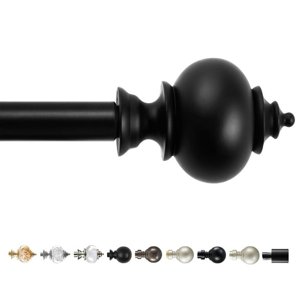Deconovo Black Curtain Rods for Windows 48 to 84 Inches, Adjustable Decorative Single Window Curtain Rod Set, Curtain Rods 3/4 Inch Diameter Steel Tube with Black Finials