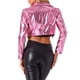 thumbnail image 3 of CHAQUETA METÁLICA HOLOGRÁFICA BRILLANTE DE MANGA LARGA CON SOLAPA PARA MUJERES INSPIRADA EN CHIC TALLA M ROSA PROFUNDO, 3 of 5