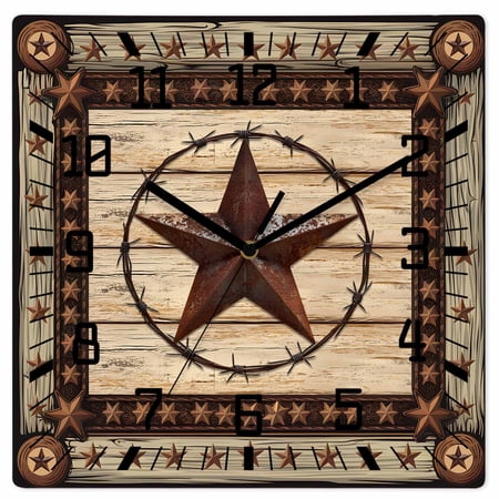 Texas Star Brown Wooden Wall Clock Silent Non Ticking, Country Star Rustic Vintage Wooden Square Wall Clocks Battery Operated, Decor Clock for Home Office, Living Room, Kitchen, 10 Inch