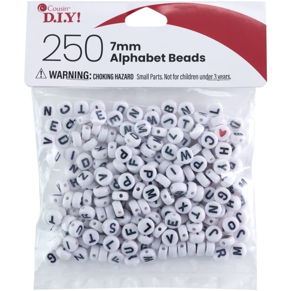 CousinDIY Alphabet Beads 7mm 250/Pkg-White Round With Black Letter