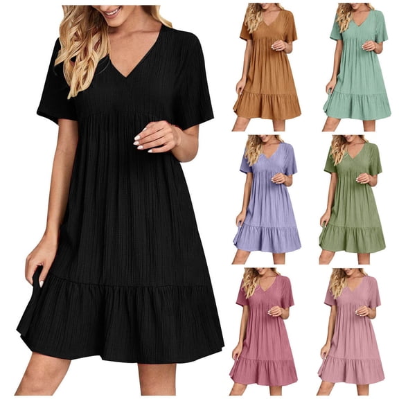 Snorda Ruffle Layered Dress for Women, Summer Short Sleeve Patchwork Dress Pleated Sundress, Flowy Tiered Skirt for Beach & Casual Daily Wear