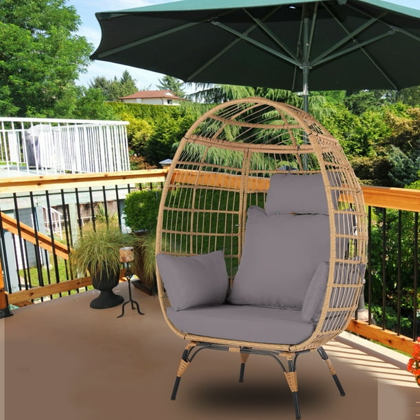Patio Furniture Egg Chair, Rattan Stationary Egg Chair with Light Gray