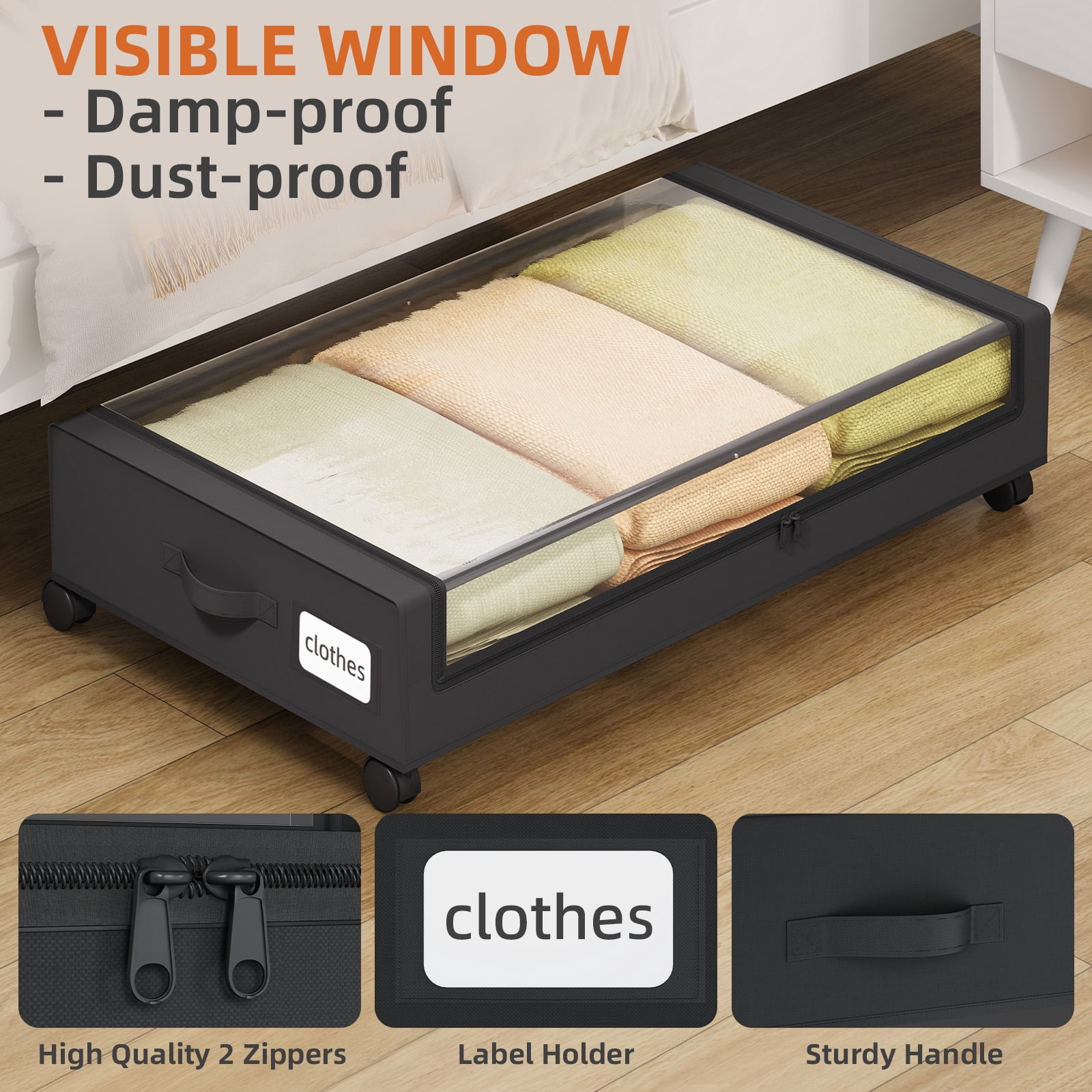 Eunos Under Bed Storage with Wheels, 2 Pack Under Bed Storage Containers with Clear Lid and Handles, Storage Organizer Bins