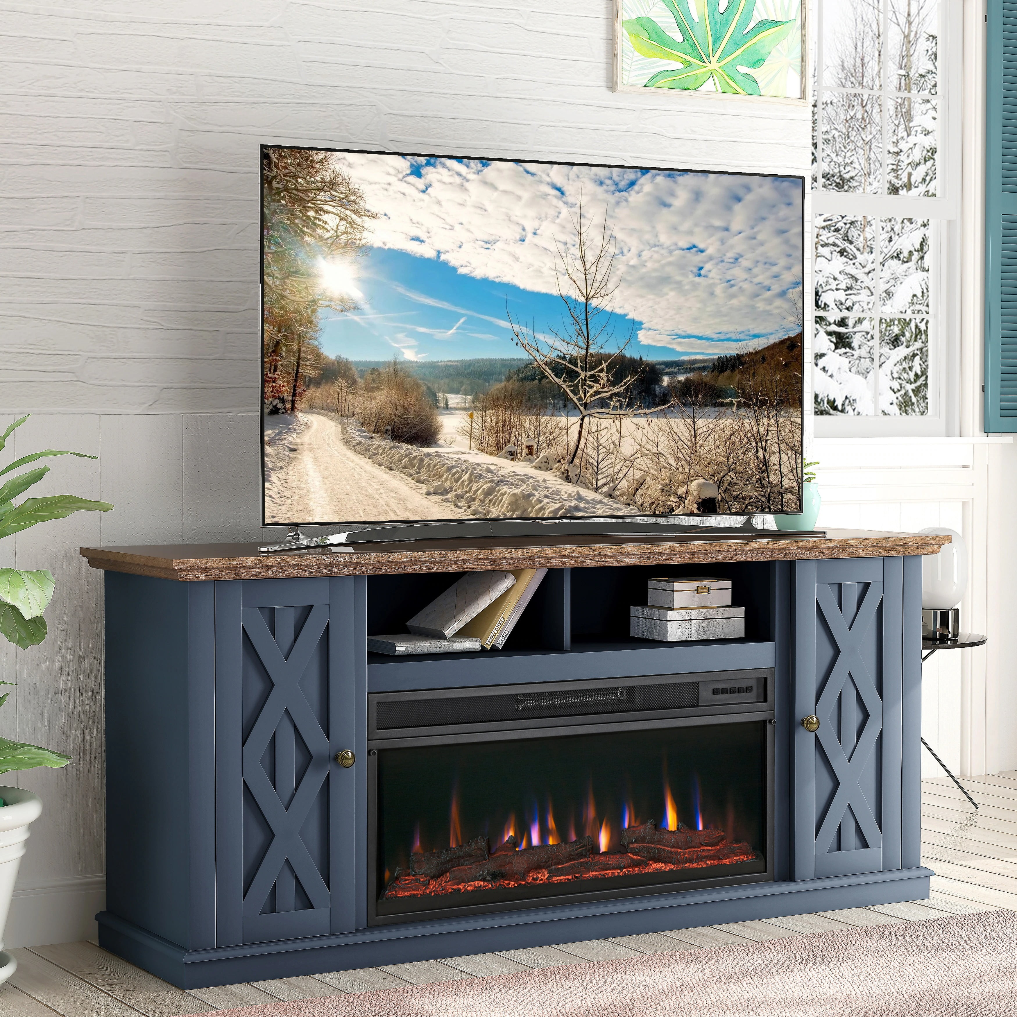 Sleek 68" TV Stand with Integrated 36" Electric Fireplace-Blue